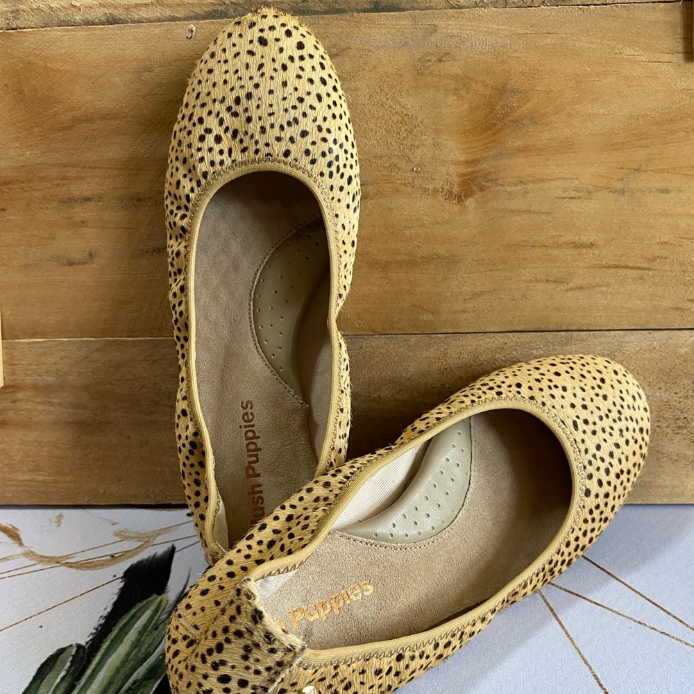 EUC Hush Puppies Spotted Calf Hair Ballet Flats, size 5.5